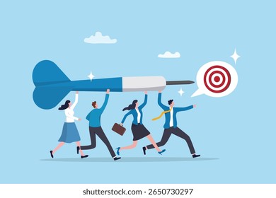 Objetivo, objetivo ou alvo do projeto, motivação da equipe para alcançar o objetivo, missão ou direção da empresa, ambição para o sucesso, inspiração ou objetivo, empresários com dardo correndo para o objetivo ou propósito.