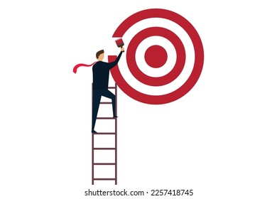 Purpose, Set business goal, KPI. Ambitious businessman on ladder use paint roller to draw big dart board, shoot target bow