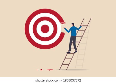 Purpose, set business goal or target, KPI, key performance indicator or set objective and achievement concept, ambitious businessman on ladder using paint roller to paint big dartboard, archery target