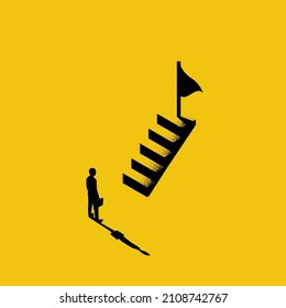 Purposeful businessman on stairs goes to flag. Beginning of way to achievement of goal. Mission climb to mountain. Purpose concept. Vector illustration isometric design. Aspirational people. 