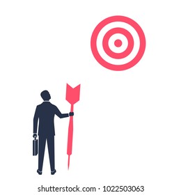 Purposeful businessman with spear in hand looks at target. Purpose business concept. Achievement of goal. Vector illustration flat design. Aspirational people. Challenge achieve aim.