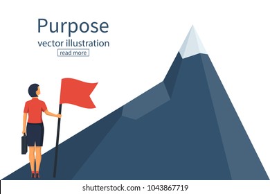 Purposeful businesswoman with flag in hand. Beginning of way to achievement of goal. Standing in front climb to mountain. Purpose concept. Vector illustration flat design. Aspirational people. Mission