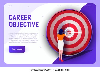 Purposeful businesswoman indicates the center of the target. Career objective illustration concept, challenge achieve aim