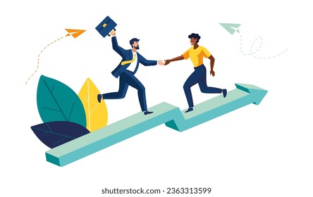 Purposeful, focused, increasing motivation. The way to achieve the goal, support, teamwork. Help overcoming obstacles, business people, business development arrow up, poster, board.Vector illustration