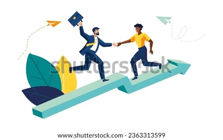 Purposeful, focused, increasing motivation. The way to achieve the goal, support, teamwork. Help overcoming obstacles, business people, business development arrow up, poster, board.Vector illustration