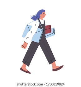 Muchacha con propósito haciendo proyectos. El arquitecto lleva planos. La chica independiente resuelve los problemas. Ilustración conceptual. Caracteres aislados del vector en fondo blanco