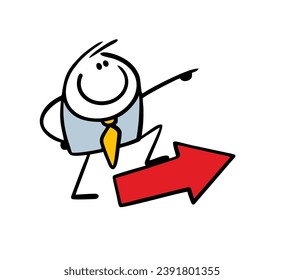 Purposeful leader,  successful businessman stands with his foot on arrow and shows the directions of development and movement for the company. Vector illustration of  boss at work .Isolated character.