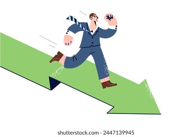 Purposeful man runs forward along arrow path, trying to achieve goals and advance career ladder. Ambitious guy strives to achieve success and become best thanks to work speed and professionalism