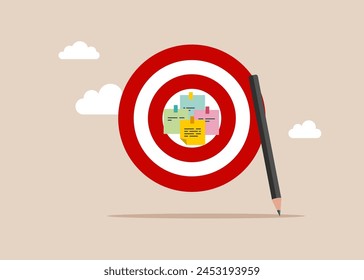 Purposeful objective. Goal on notes and put on dartboard target. Flat vector illustration. 