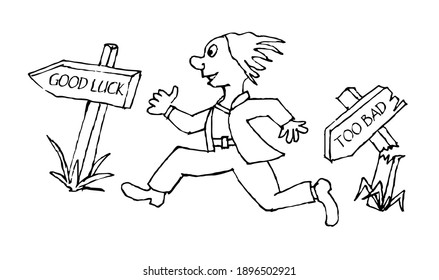 Purposeful person runs from failure to success. Monochrome illustration. Concept