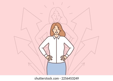 Purposeful woman in business clothes keeps hands on belt standing near arrows pointing up. Successful girl working as manager is proud of growth of company business indicators