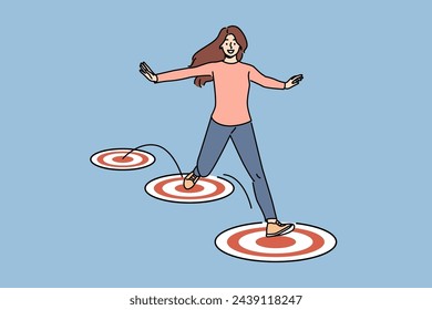 Purposeful woman jumps on targets and spreads arms to sides, enjoying ease of completing career tasks. Purposeful girl demonstrates ambition to achieve goal while receiving education