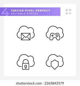 Purposes of cloud computing pixel perfect linear icons set. Online servers in multiple spheres. Customizable thin line symbols. Isolated vector outline illustrations. Editable stroke