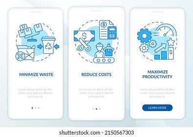 Purposes of lean manufacturing blue onboarding mobile app screen. Walkthrough 3 steps graphic instructions pages with linear concepts. UI, UX, GUI template. Myriad Pro-Bold, Regular fonts used
