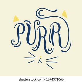 Purr. Ilustración vectorial dibujada a mano con letras a mano. Banner caligráfico de diseño de plantillas de postales de Doodle