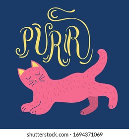 Purr. Letrado vectorial a mano e ilustración kitten de purga. Banner caligráfico de diseño de plantillas de postales de Doodle