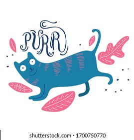 Purr. Dibujo vectorial dibujado a mano del gato, aislado en fondo blanco. Plantilla postal de Doodle, Diseño de camiseta, pancarta caligráfica