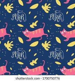 Purr. Dibujo vectorial dibujado a mano y grabado con membrete sin fisuras en fondo azul oscuro. Plantilla postal de Doodle, diseño de pantalones T, banner caligráfico