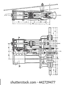 Purrey engine, vintage engraved illustration. Industrial encyclopedia E.-O. Lami - 1875.
