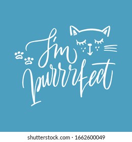 I am so purrfect - funny quote design. Vector illustration with calligraphy for print. Cute cat poster with lettering. T-shirt print design.
