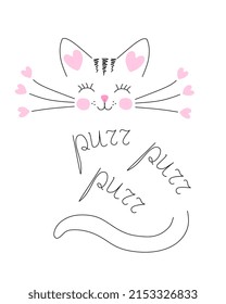 Purring cat with pink hearts, drawn in black outline on a white background in vector. Print for t-shirt, logo, postcard.