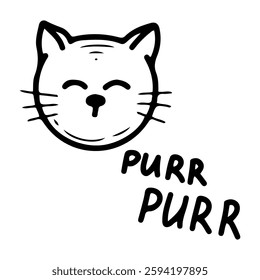 Purring kitten face. Hand drawn doodle. Cute pet. Fluffy cat. Animal, fauna. Vector line art illustration.