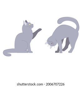 purring petting cat and sitting cat giving paw. smiling happy pet. set of domestic animals. stock vector illustration isolated on white background.
