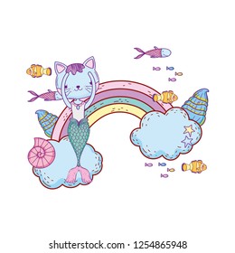 purrmaid with clouds and rainbow undersea