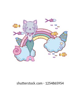 purrmaid with clouds and rainbow undersea