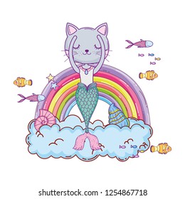 purrmaid with clouds and rainbow undersea