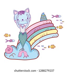 purrmaid with clouds and rainbow undersea