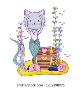 purrmaid with treasure chest undersea scene