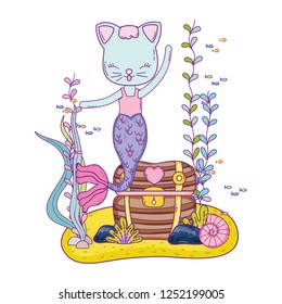 purrmaid with treasure chest undersea scene
