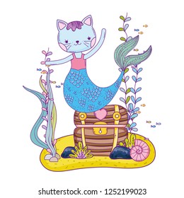 purrmaid with treasure chest undersea scene