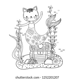 purrmaid with treasure chest undersea scene