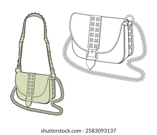 Purse bag for women technical flat sketch vector mockup illustration.