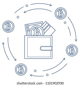 Purse with banknote, credit card and bitcoin. Design for announcement, advertisement, banner or print.