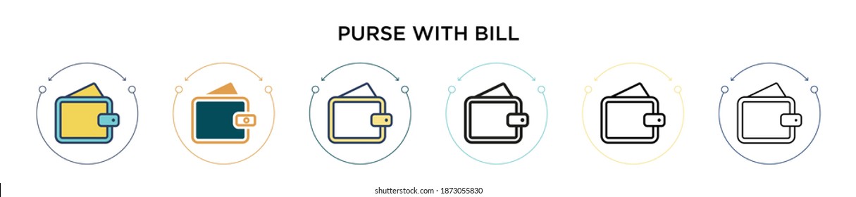Purse with bill icon in filled, thin line, outline and stroke style. Vector illustration of two colored and black purse with bill vector icons designs can be used for mobile, ui, web