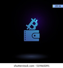 Purse with bit coin vector icon. Graphic symbol for web design, logo. Isolated sign on a black background.