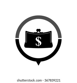 Purse - black vector icon; map pointer;  message bubble