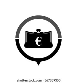 Purse - black vector icon; map pointer;  message bubble