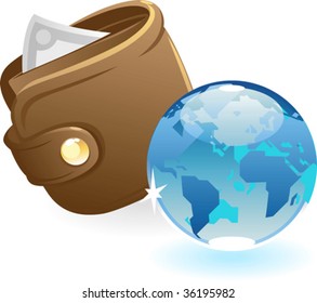 Purse and blue globe. Vector illustration concept.