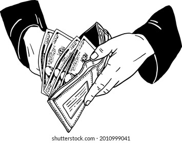 Purse with Cash Money inflation finance People hand Business economic concept Hand drawn line art illustration