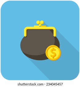 Purse And Coin, Modern Flat Icon With Long Shadow