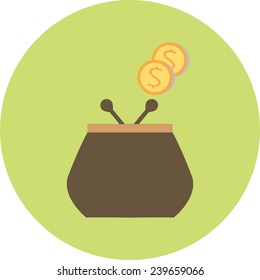 Purse and coin, modern flat icon with long shadow