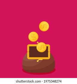 Purse and coin, modern flat vector