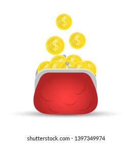 Purse with coins. Dollar coin. Vector icon.