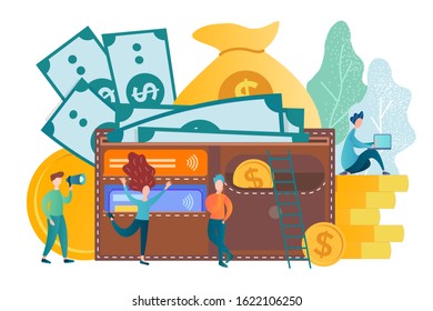 A purse with coins and notes, a bag of money. Growth and saving of investments, income, savings. Vector illustration concept of wealth and success.