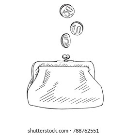 Purse with coins pour into it, hand drawn doodle sketch, isolated vector outline illustration