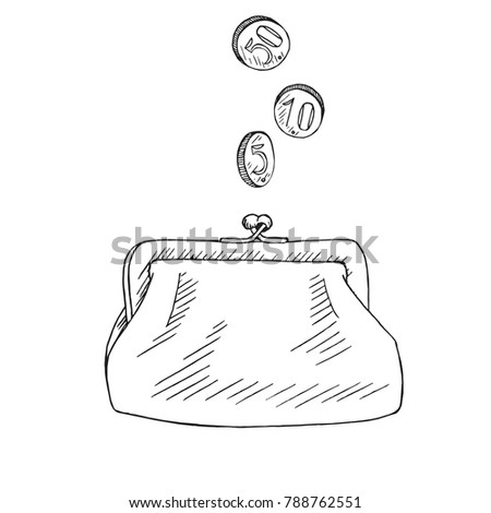 Purse with coins pour into it, hand drawn doodle sketch, isolated vector outline illustration